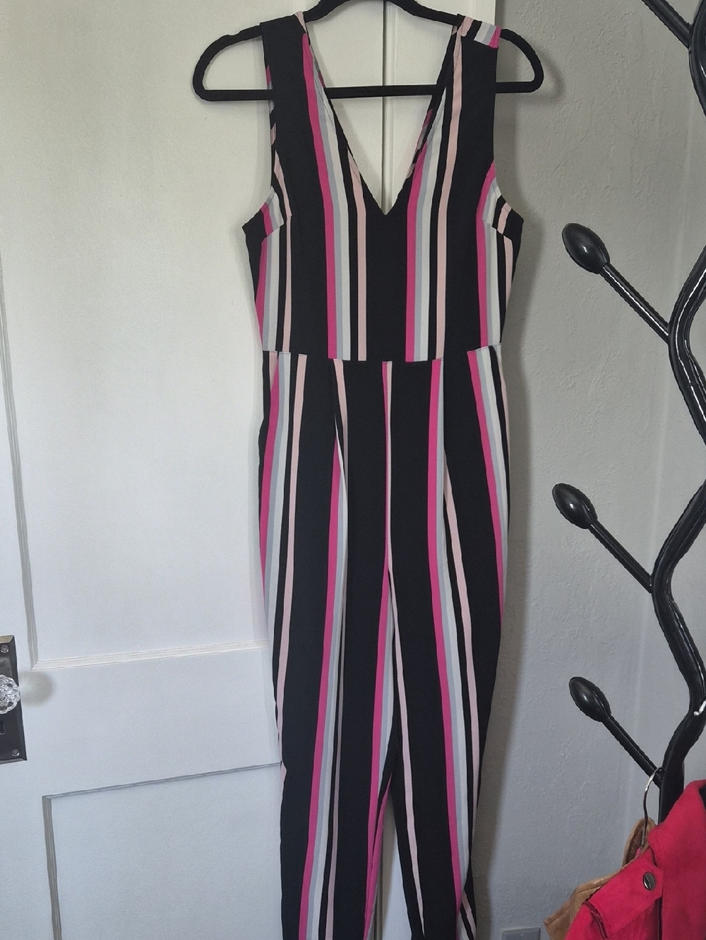 Express Sleeveless Jumpsuit in Black, Pink & Light Gray